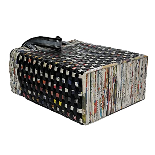 Image of Paperus Re-usable Small Black Check Carry Bag, Shopping Bag, Handbag, Tiffin Basket, Lunch Bag, Eco-friendly, Handmade, of Paper Ropes 11 In Tall 10 In Length 5 In Wide Base
