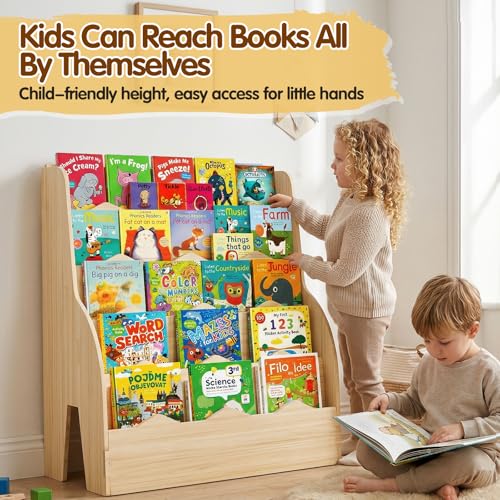 Image of Kids Bookshelf Montessori Wooden Bookcase 5 Tier Front-Facing Organizer | Easy assembly; Montessori Front-Facing; 31.5 inch Kid-sized Height; Holds 80+ Books; Sturdy Construction; Easy Access Reading