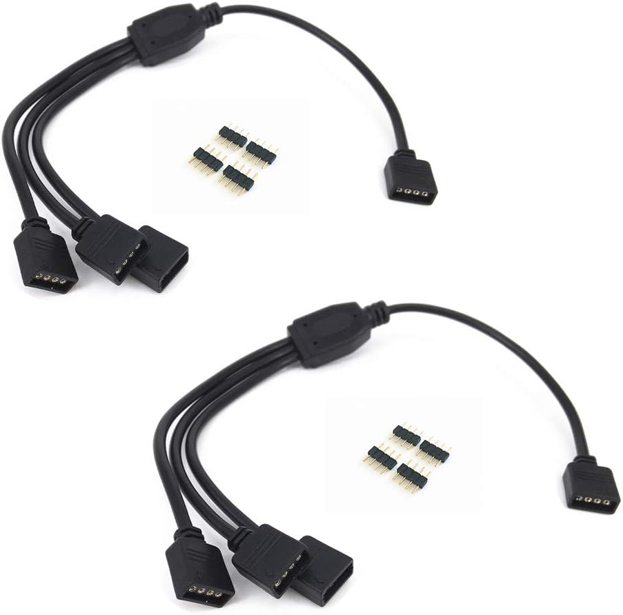 2 pcs Black 4 Pins LED Splitter Cable LED Strip Connector 3 Way Splitter Y Splitter for One to Three RGB 5050 3528 LED Light Strips with 8X Male 4 Pin Plugs -30cm/12inch Long