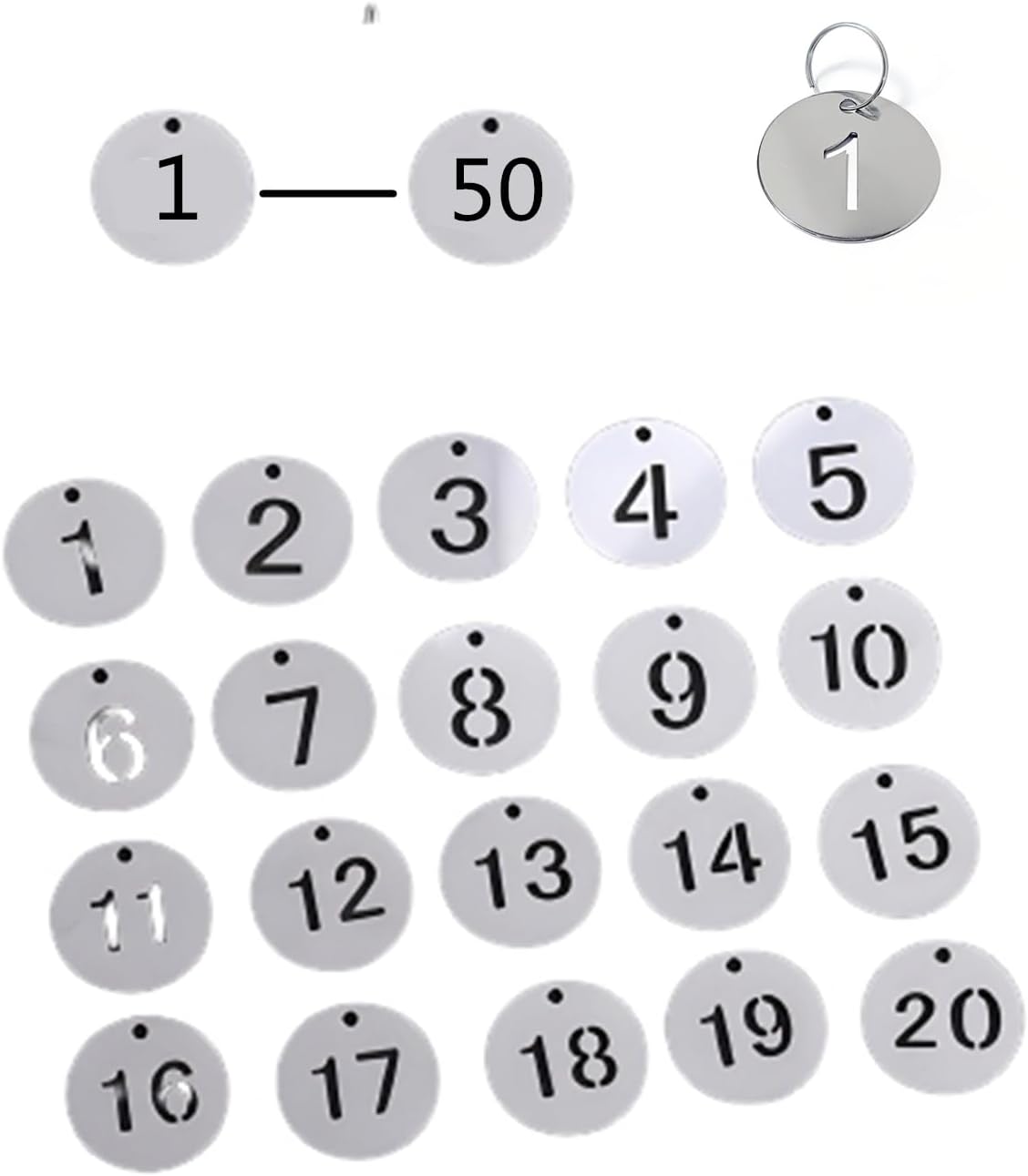 Key Tags, Round Metal Number Tags Stainless Steel Number ID with Hole Number Key Ring Chain with Split Ring for Organized Coding Key Box Cabinet System Identifiers (Round 1-100)