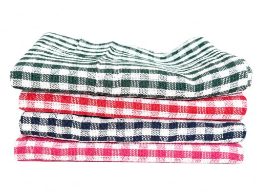 Image of G 1 Cotton Checkered Dish Towels Set of 4, 48 x 69 cm | Multi-Colour, Wet & Dry Use, Absorbent Cotton, Stripes & Checks, Kitchen Cleaning