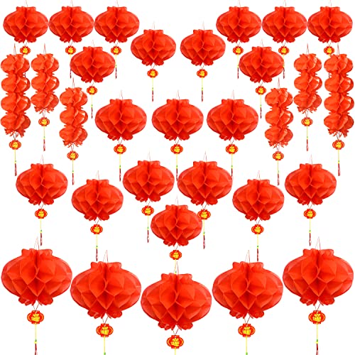 Mauts-inus 31 Pcs Chinese New Year Decoration 2025 Waterproof Chinese new year Lantern,Foldable Red Paper Lanterns for Spring Festival Wedding Home Birthday Party Decorations
