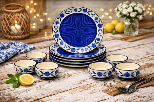 Image of Hand-Painted Floral Ceramic Dinner Set of 12 Pcs | 6 Ceramic Dinner Plate and 6 Bowl /katori | Bone Ash Free | Microwave and Dishwasher Safe - Blue