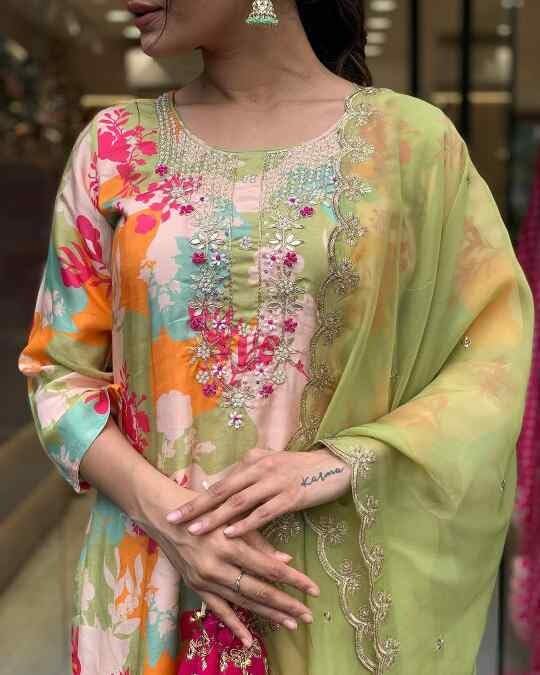 Image of Shiv Textiles Women's Silk Crepe Printed Kurta Pant Dupatta Set(JDA-SWARA-Beige-XXL)