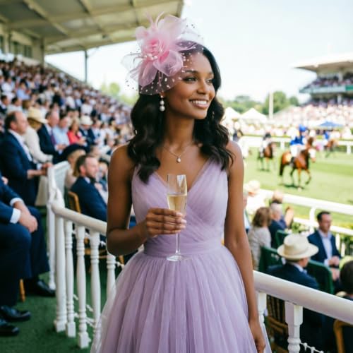 Image of DRESHOW Fascinators Hat Flower Mesh Ribbons Feathers on a Headband and a Clip Tea Party Headwear for Girls and Women