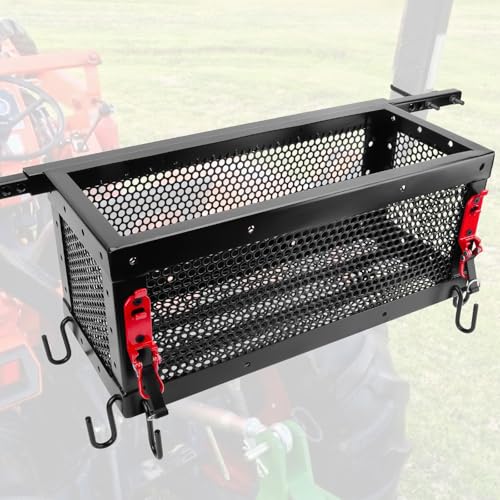 Heavy Duty Tractor Tool Box Universal Tractor Basket with Tray Accessories Fits Most Tractor and Zero Turn Mower Tractor Toolbox Attachment Store and Organize