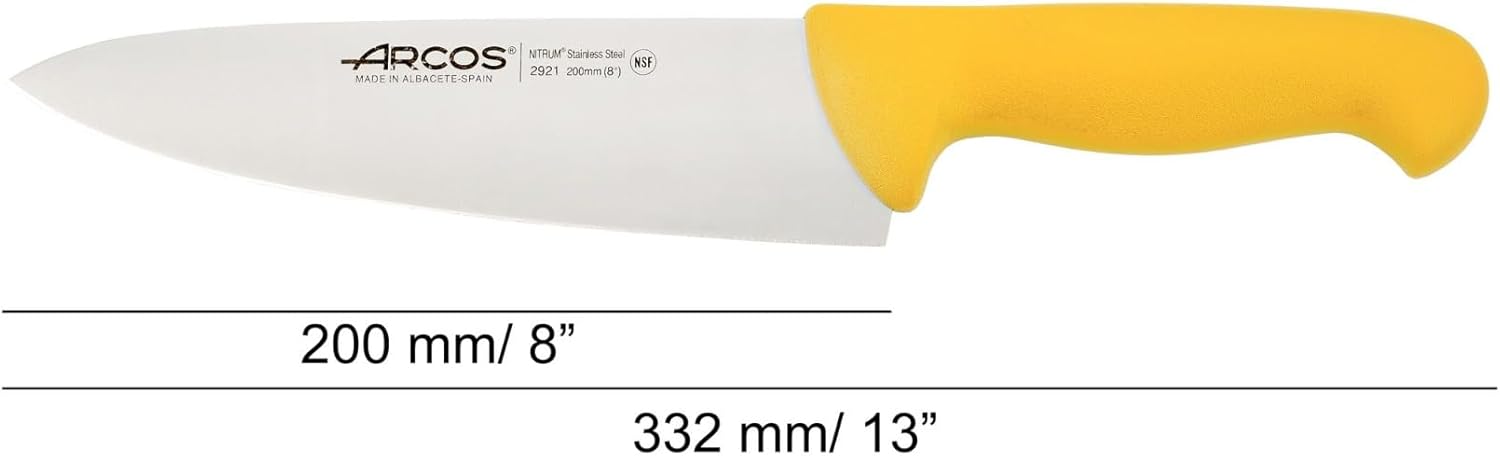 Arcos Chef Knife 8 Inch Nitrum Stainless Steel and 200 mm blade. Professional Multipurpose Cooking Knife. Ergonomic Polypropylene Handle. Series 2900. Color Yellow