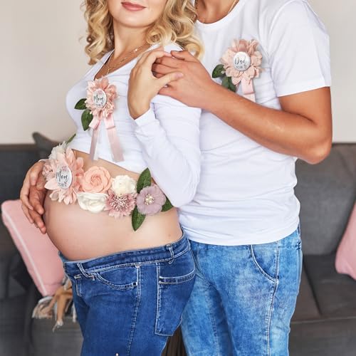 Image of Baby Shower Maternity Sash Belly Belt-Pink Flower Sash Set Mom to Be & Dad to Be Corsage Pins for Gender Reveal