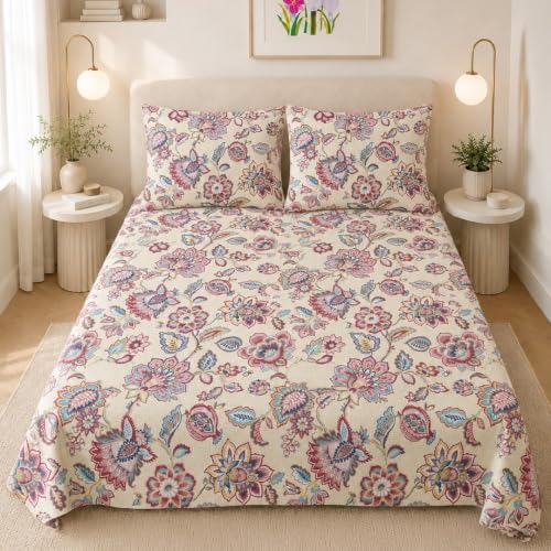 Image of LANE LINEN Symphony 100% Cotton 144TC Double Bedsheet Set, 3 Piece, Printed