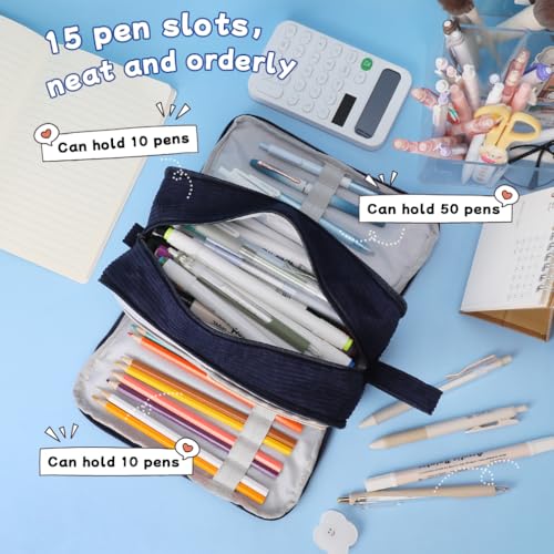 Image of iSuperb Big Capacity Corduroy Pencil Case 3 Compartments Pen Pouch Simple Organizer Bag Large Capacity Pencil Box for Adults (Navy Blue)