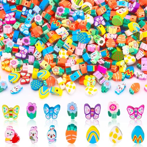 SEPGLITTER Easter Polymer Clay Beads 300pcs Bunny Flowers Carrots Eggs Butterflies Mixed Spacer Beads for Spring Easter Jewelry Making DIY Bracelet Necklace Accessories Craft Party Supplies