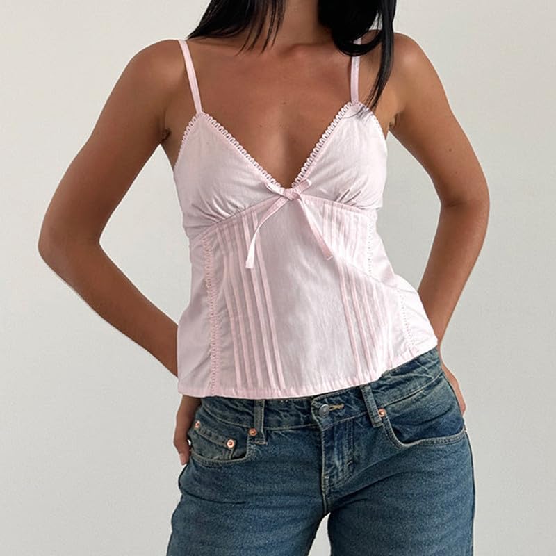 Women Y2k Babydoll Tank Tops Lace Trim V Neck Crop Cami Spaghetti Strap Peplum Top Summer Cute Aesthetic Flowy Shirts - Image 4