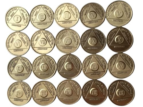 wendells Bulk Lot of 20 AA Alcoholics Anonymous Medallions Chips Years 1 - 20 Bronze Medallion Sobriety Chip Set Serenity Prayer