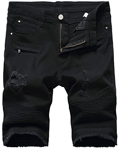 HENGAO Men's Moto Biker Ripped Slim Fit Denim Jeans Shorts, 3306 Black, W28