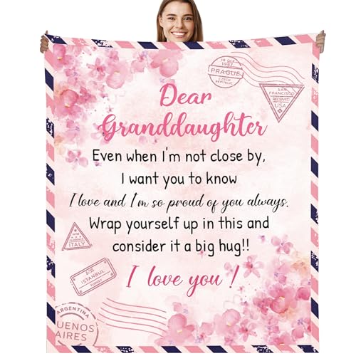 Granddaughter Gifts from Grandma Throw Blanket Pink Floral Love Letter Postcard Design Soft Cozy Fuzzy Flannel Blanket Christmas Birthday Gift for Granddaughter (50 x 60)
