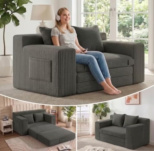 54” Boneless Couch Sofa Bed, Loveseat Cloud Couch, Sleeper Sofa with Storge and Handle, Convertible Pull Out Floor Bed, Couches for Bedroom, Living Room, Small Space, No Assembly Required (Grey)