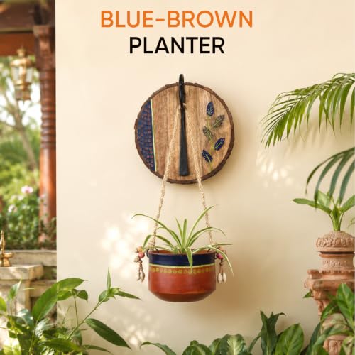 Image of AAKRITI ART CREATIONS Wall Hanging Planter with Hook | Blue & Brown Earthen Planter on Round Wooden, Modern Art, Matte Finish | Metal, Terracotta & Wood | Decor Hanging Pot for Indoor & Outdoor