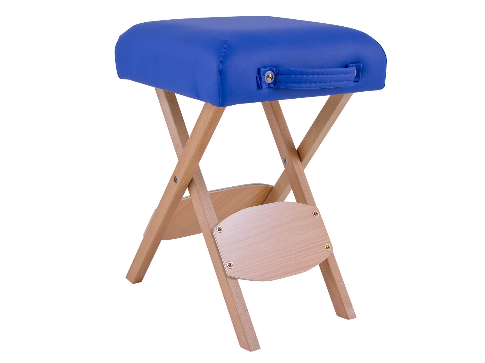 QUIRUMED Taburete Plegable de Madera con Asiento, Tapizado en Color Azul, Multiusos, Mesa Auxiliar, Reposapiés, Polipiel, Transportable, hasta 100 kg, 33 x 33 x 48