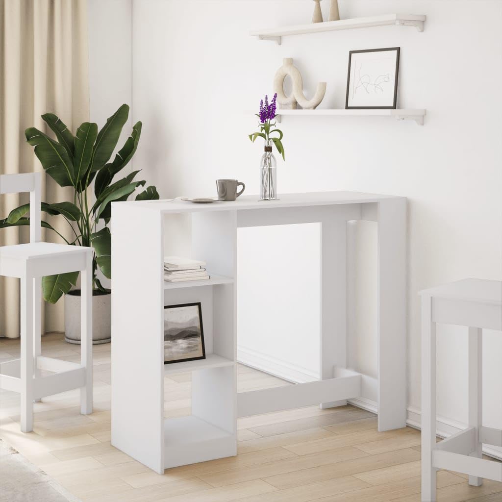 Bartisch Mit Regal Weiss 124x46x103,5 cm Holzwerkstoff | 4 Facher, Pflegeleicht, Feuchtes Tuch Reinigung, Wandhalterung Inklusive