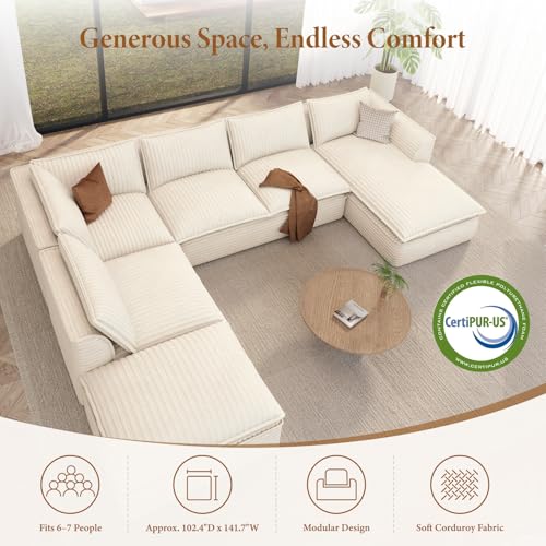Image of Vesgantti 141.7 inch Oversized Sectional Boneless Couch, Modern 7 Seater Modular Sofa with Chaise & Ottoman, Deep Seat Plush Corduroy Cloud Couches for Living Room, No Assembly Required, Beige