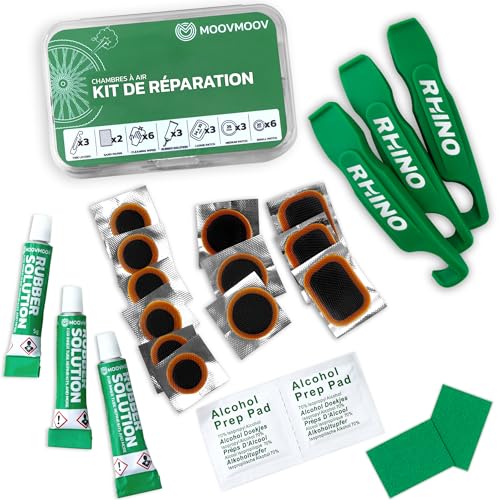MOOVMOOV Kit Réparation Pneus Vélos - Contient Rustines Chambres à Air, Tubes de Colle Vulcanisante, Démontes-Pneus Rhino, Papier de Verre et Lingettes...