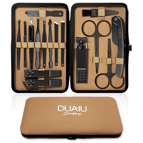 DUAIU Set manicure per donne 16 PCS Tagliaunghie professionale Set pedicure per uomini, kit unghie in acciaio inox con custodia per i viaggi (Nero A)