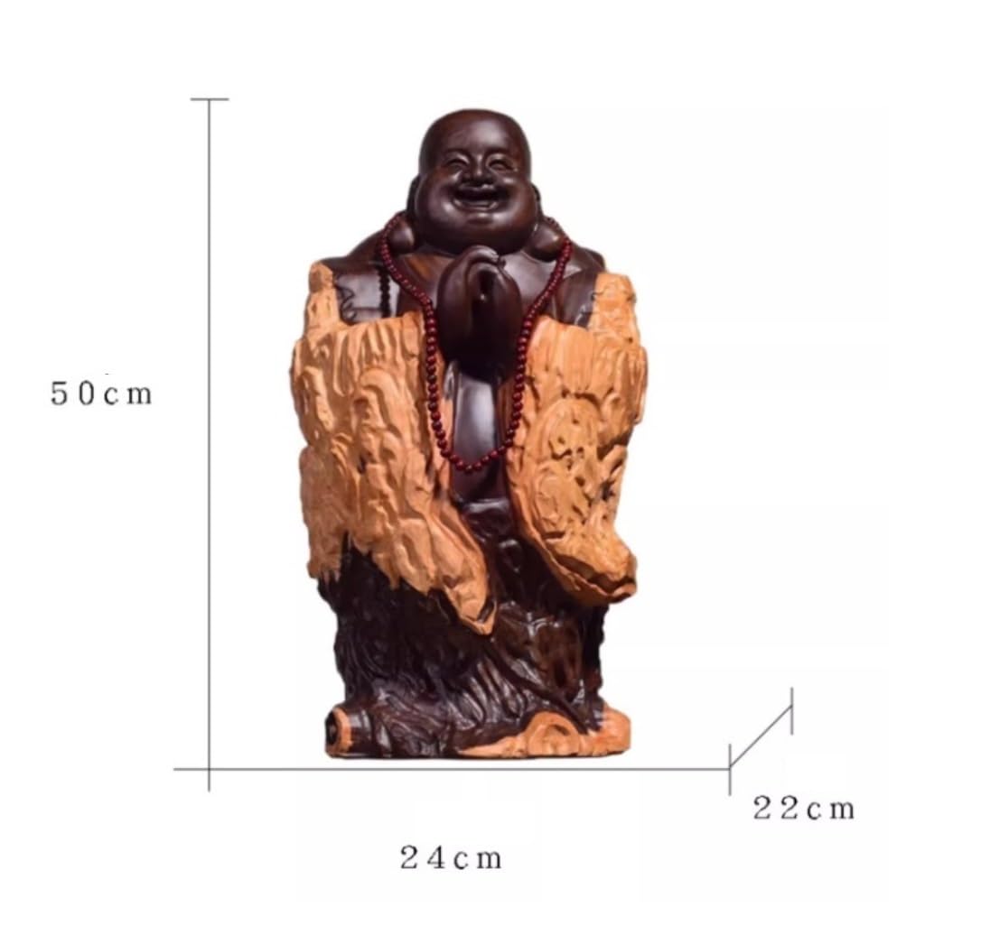 Ozdobna figurka, rzeźby z litego drewna Blackwood śmieją się do wystroju domu na biurko ogród posąg buddy (24 60 cm)
