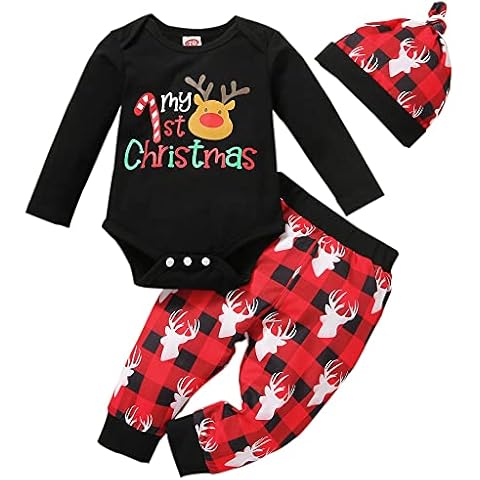 Baby Boy Christmas Outfits Infant My 1st Christmas Deer Black Romper+ Red Plaid Pants + Hat 3 Pcs Clothes Sets 0-3 Months Cover