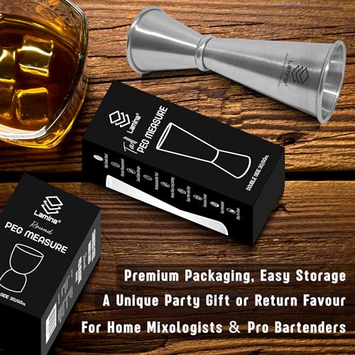 Image of Lamina Set of 2 Stainless Steel Tall Peg Measure (30 /60 ml, Silver) Double-Sided Cocktail Jigger for Home, Kitchen, Hotels & Professional Bartenders - Drink Measuring Bar Tool (with Box).