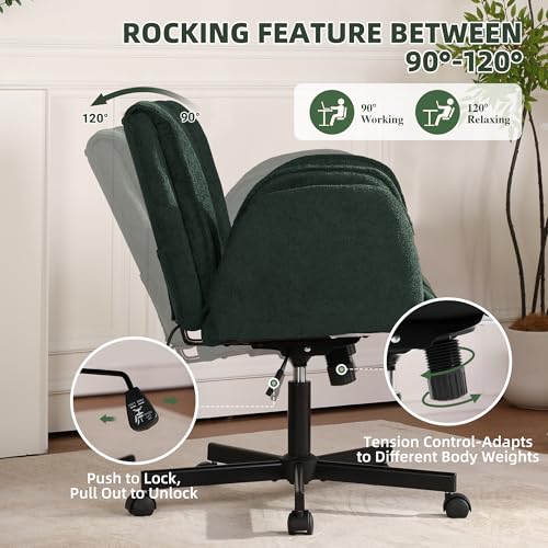 Image of Criss Cross Chair with Wheels & Outward-Folding Arms, Cross Legged Office Chair, Built-in Dynamic Airbag Lumbar Support, Apartment, Vanity, Dark Green