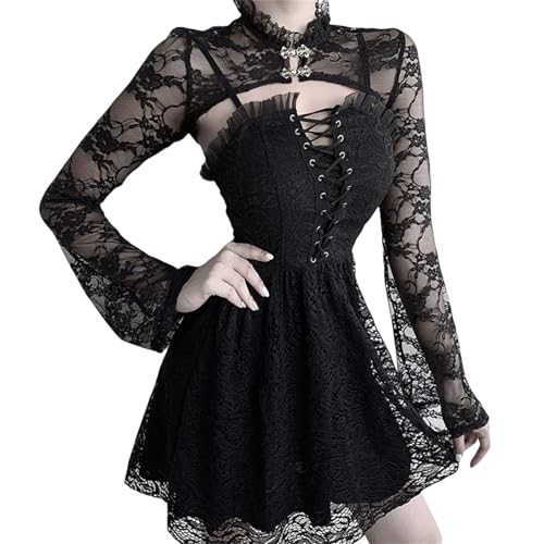 Image of Goth Bolero Shrug Women Lace Sheer Mesh Gothic Flare Sleeve Emo