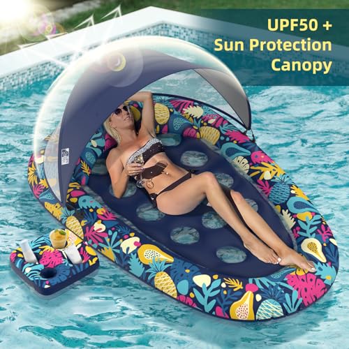 Image of Sunikko X 3-in-1 Pool Floats with Canopy Cup Holder, Tanning Pool Large 73 inch x 48 inch Float Adult Heavy Duty, Inflatable Lounger Raft Floating Chair with Backrest, Swimming Pool Lake Beach Party