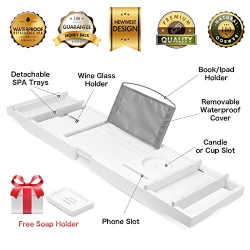 image for Artmalle Luxury Bamboo Bathtub Caddy Tray with Book and Wine Holder,Ba