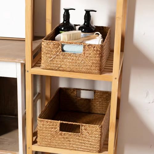 Rechteckiger Aufbewahrungskorb aus Seegras mit Griff Rattankorb korb Geflochten Wäschekorb gewebter Weidenkorb, Handtuchkorb handgefertigter Aufbewahrungskorb Regale und Schreibtische 33X23X11CM