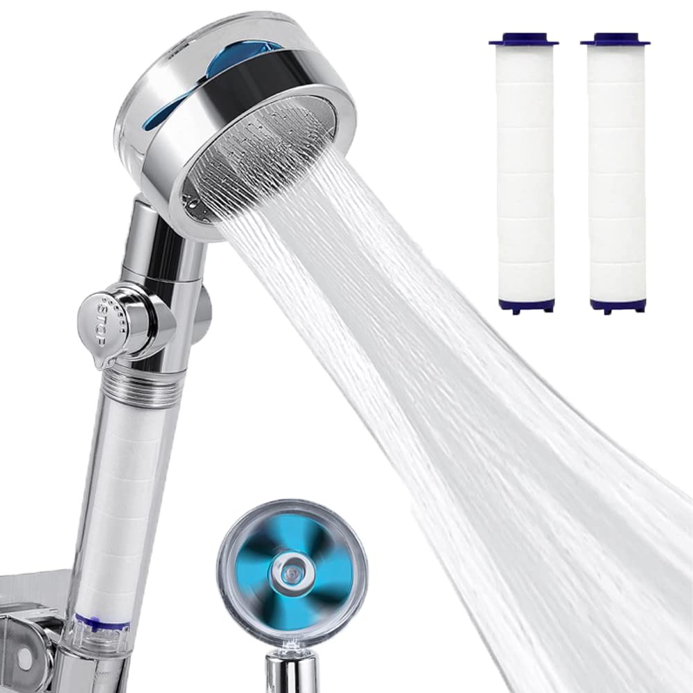 Handheld Turbocharged Pressure Propeller Shower with Adjustable water flow and filter - Upgrade Propeller Driven High-pressure shower head 360 Degrees Rotating with pause switch (NEW Blue)
