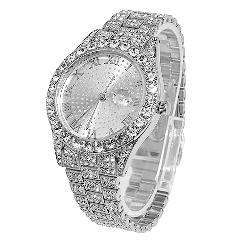 HALUKAKAH Diamante Reloj de Oro para Hombre,Platino Chapado en Oro Blanco Cuarzo Pulsera 24cm Esfera Redonda,con Caja de Regalo