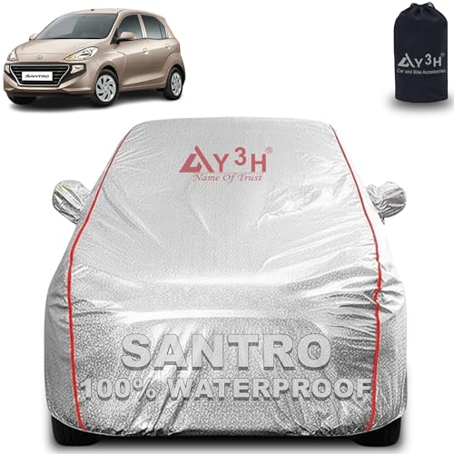 Image of 100% Waterproof Car Cover Compatible with Hyundai Santro 2019 | All Weather, Dust Proof, UV Protective with Mirror Pocket (Silver Magic)