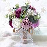 Ramo de flores de novia de seda artificial, ramo de novia de hojas de rosa, flores de estilo para ceremonia, boda, día de San Valentín, confesión, fiesta, iglesia -c 24 x 31 cm (9 x 12 pulgadas)