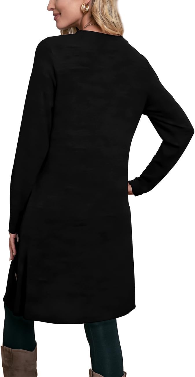 OFEEFAN Long Sleeve Dress for Women Crew Neck Tunic Dress with Pockets Buttons Side - Image 5