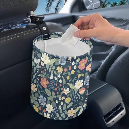 Image of Floral Leaf Car Garbage Can Mini Car Trash Bin Hanging Headrest with Adjustable Buttons Multipurpose Car Organizer