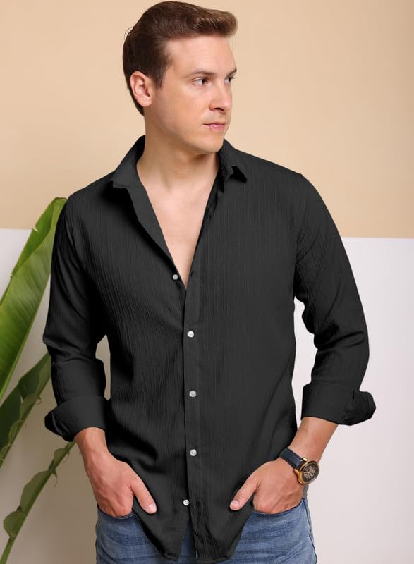 Image of Macsivo Men's Popcorn Shirt with Spread Collared Long Sleeve Button Down Closure Curved Hem Length | Linen Shirt for Man
