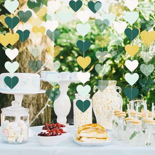 Image of Sage-Green Mint Beige-Gold Love-Heart Garland, 39Ft Rustic Wedding Hanging Birthday Decor Streamers Banner, Bachelorette Bridal Shower Engagement Valentines Graduation Woodland Party Supplies