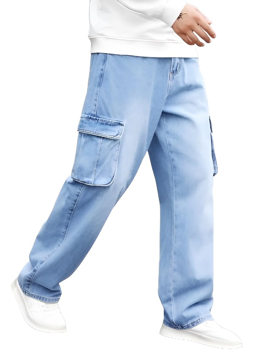 Ben Martin Men's Denim Cotton Cargo Jeans || Stretchable Baggy Fit || High Waist Loose Cargos for Men with Box Pockets || Stylish Gen-Z Streetwear || Sizes 28–40 || Black, Khaki, Grey & More