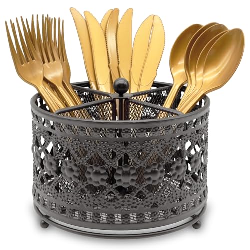 DysanVica 360° Rotating Metal Utensil Caddy - 4 Compartment Vintage Silverware Cutlery Holder Fork Spoon Napkin Organizer Flatware Storage Basket Party Countertop Buffet Picnic Camping Outdoor Black