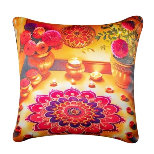 Image of Decorative Satin Sofa Cushion Covers Set of 5, 16 x 16 Inches, Multicolor Floral Printed Pillow Covers for Living Room, Bedroom, Couch & Sofa, Soft Glossy Fabric, Zipper Closure