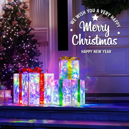Set of 3 Christmas Lighted Gift Boxes,8 Light Modes Light Up Present Boxes Christmas Decorations for Indoor Outdoor Porch Yard Tree Holiday Decor(Color Changing) - Image 5