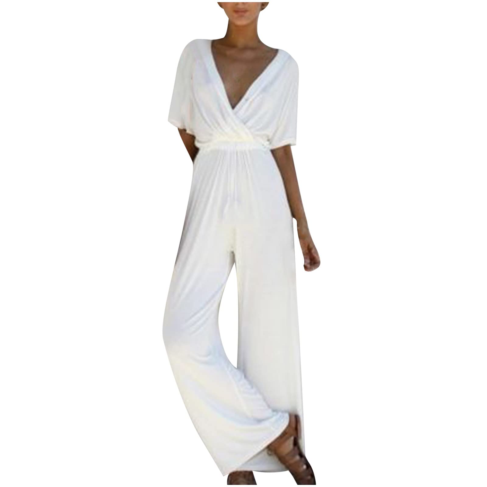 HopwinWide Leg Overall Jumpsuits for Women, Short Sleeve Summer Casual V Neck Elastic Waist Wide Leg Cropped Jumpsuits