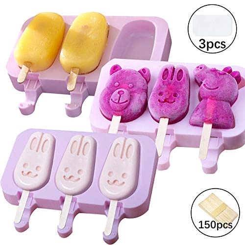 Ice Cream Silicone Moulds Popsicle Moulds 3 Packs for Homemade Chocolate Dessert Ice-Lolly Purees Ice Cream DIY Tools with Cover and Wooden Sticks
