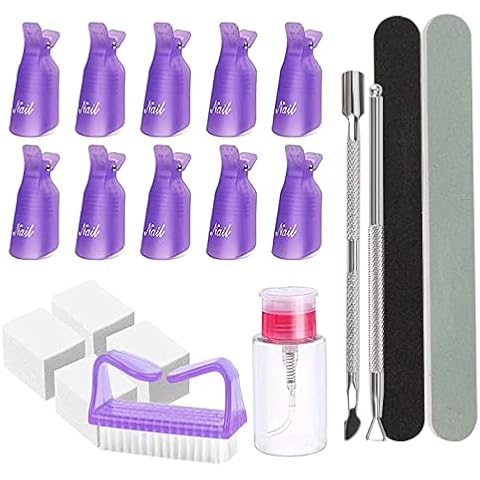 Nail Polish Gel Remover Tools Kit with Nail Remover Clips,Nail File, Nail Remover Pads, Nail Brush, 2in1Cuticle Nail Separator,Dispenser Bottle Cover