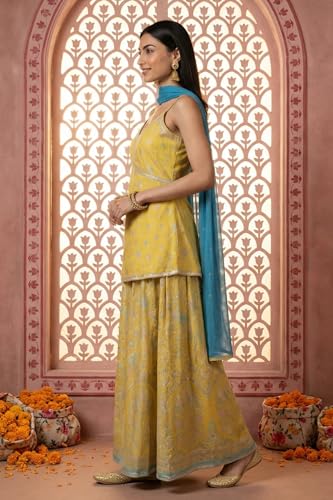Image of Aurelia Women's Floral Printed Sequins Spaghetti Strap Short Top and Lehenga Set with Dupatta